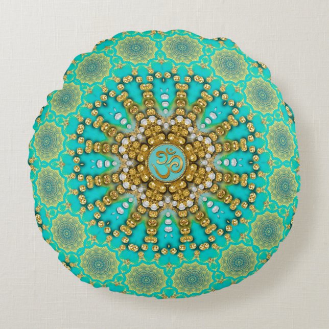 Türkis Aqua Gold Bohemisch Mandala OM Yoga Rundes Kissen (Vorderseite)