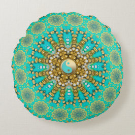 Türkis Aqua Gold Yin Yang Beachy Mandala Rundes Kissen