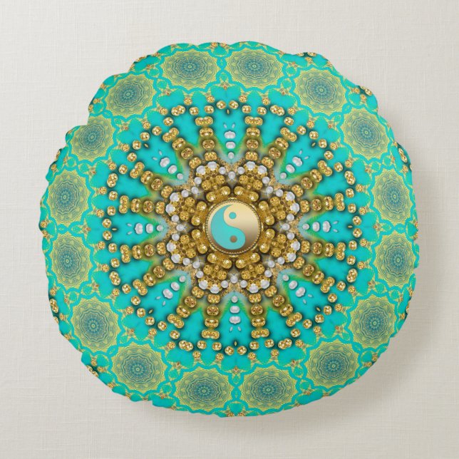 Türkis Aqua Gold Yin Yang Beachy Mandala Rundes Kissen (Vorderseite)