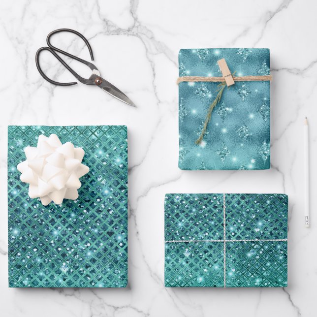 Türkis Aqua Green Sparkle Geschenkpapier Set (Vorderseite)