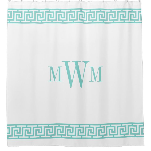 Türkis Aqua Griechischer Key J Border Monogram Duschvorhang (Vorderseite)