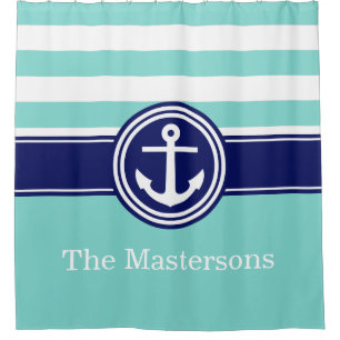 Türkis Aqua Navy Blue Nautical Strip Anchor C Duschvorhang