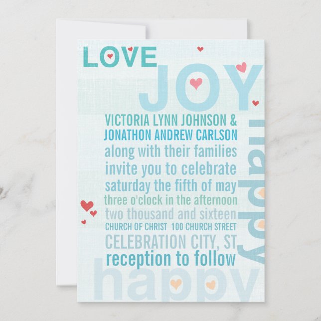 Türkis Aqua Red Heart Moderne Typografie Hochzeit Einladung (Vorderseite)