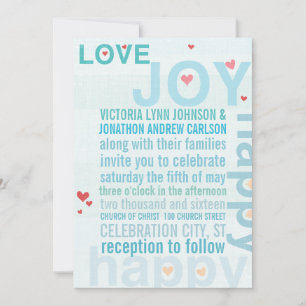 Türkis Aqua Red Heart Moderne Typografie Hochzeit Einladung