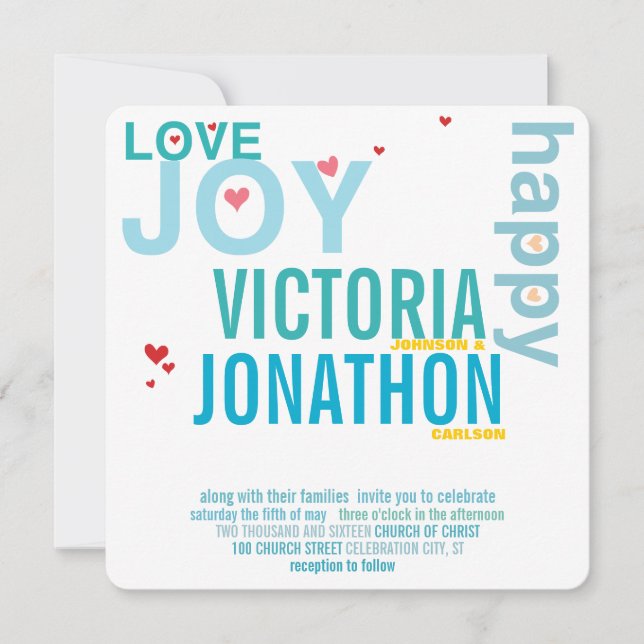 Türkis Aqua Red Heart Moderne Typografie Hochzeit Einladung (Vorderseite)