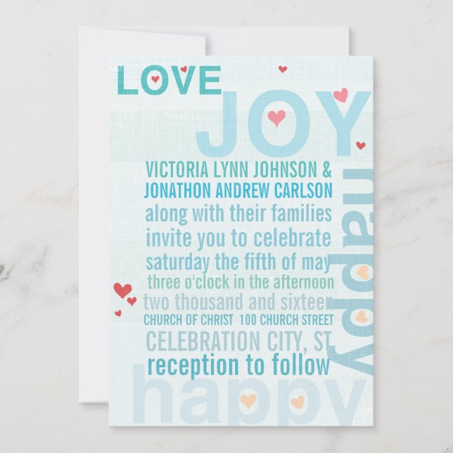 Türkis Aqua Red Heart Moderne Typografie Hochzeit Einladung (Vorderseite)