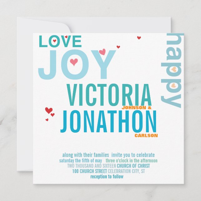 Türkis Aqua Red Heart Moderne Typografie Hochzeit Einladung (Vorderseite)