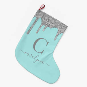 Türkis Aqua Silber Glitter Tropfen Monogramm Großer Weihnachtsstrumpf
