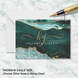 Türkis Aquamarin Agate Monogram Script Gold Glitze Mitteilungskarte