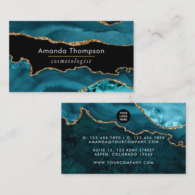 Türkis - Aquamarin und Gold Geode Agate Stone Busi Visitenkarte (Vorne/Hinten)