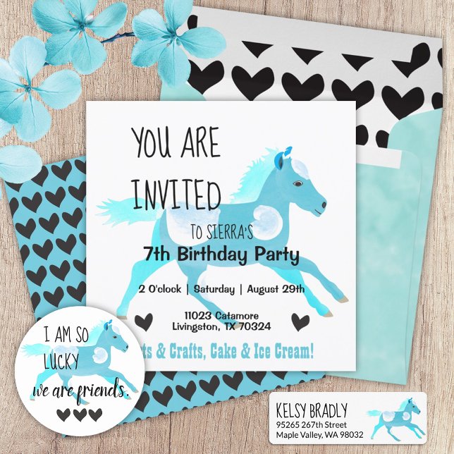 Türkis, Aquamarine Pony zum Geburtstag Einladung (turquoise light blue pony black hearts cute pony ride birthday party invitation galloping pony)