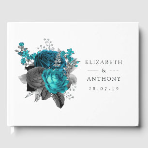 Türkis - Aquamarine Schwarz- und Silberblume Gästebuch