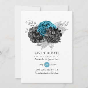 Türkis - Aquamarine Schwarz- und Silberblume Save The Date