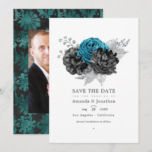 Türkis - Aquamarine Schwarz- und Silberblume Save The Date