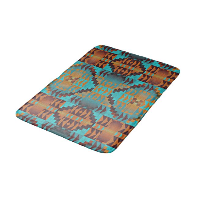Türkis Aquamarines Aqua Blue Orange Tribal Art Badematte (Schrägansicht)