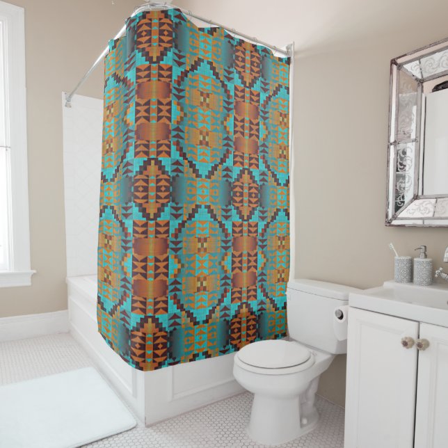Türkis Aquamarines Aqua Blue Orange Tribal Art Duschvorhang (Beispiel)