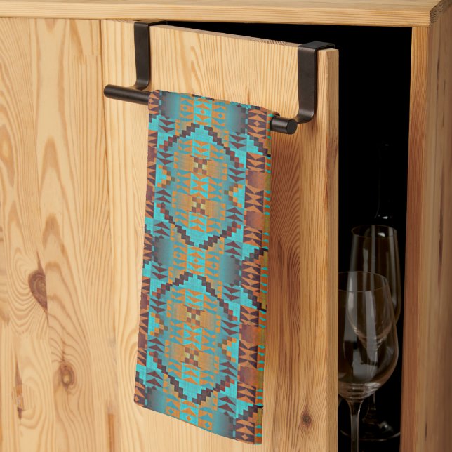 Türkis Aquamarines Aqua Blue Orange Tribal Art Geschirrtuch (Drittel gefaltet)
