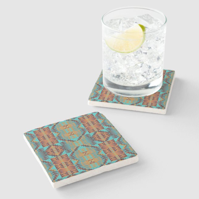 Türkis Aquamarines Aqua Blue Orange Tribal Art Steinuntersetzer (Seitenansicht)