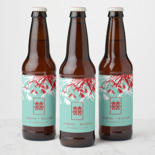 Türkis Bamboo Blätter Double Xi Chinesische Hochze Bierflaschenetikett