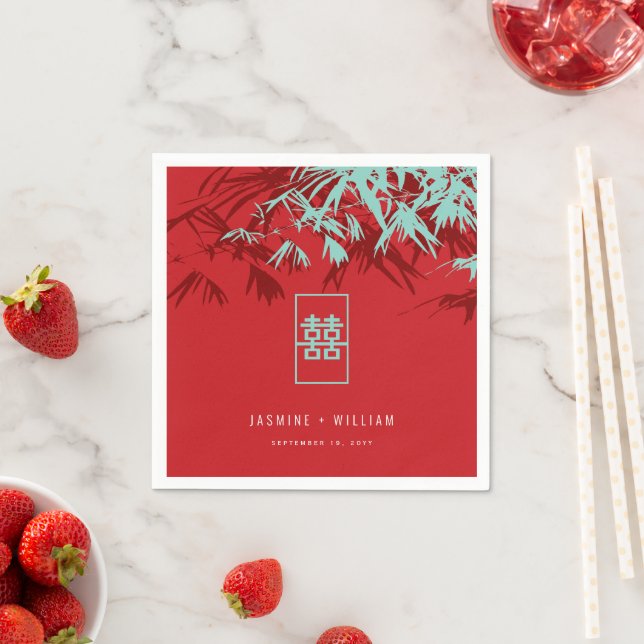 Türkis Bamboo Blätter Double Xi Chinesische Hochze Serviette (Beispiel)