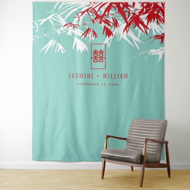 Türkis Bamboo Verlasse chinesisches Hochzeitsszena Wandteppich (Beispiel)