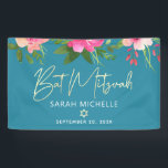 Türkis Bat Mitzvah Pink Floral Gold Skript Bold Banner<br><div class="desc">Herzlich willkommen im Party Bat Mitzvah! Lassen Sie sich von diesem atemberaubenden, modernen, stilvollen, personalisierten Banner in einen besonderen Tag hineinführen. Eine schicke, atemberaubende, pinkfarbene und pfirsichfarbene Aquarellfarbe mit Imitaten Goldfolienskripten, Stern von David und White Sans Serif überlagern einen staubigen, türkisfarbenen aquamarin blauen Hintergrund. Personalisieren Sie den benutzerdefinierten Text mit...</div>