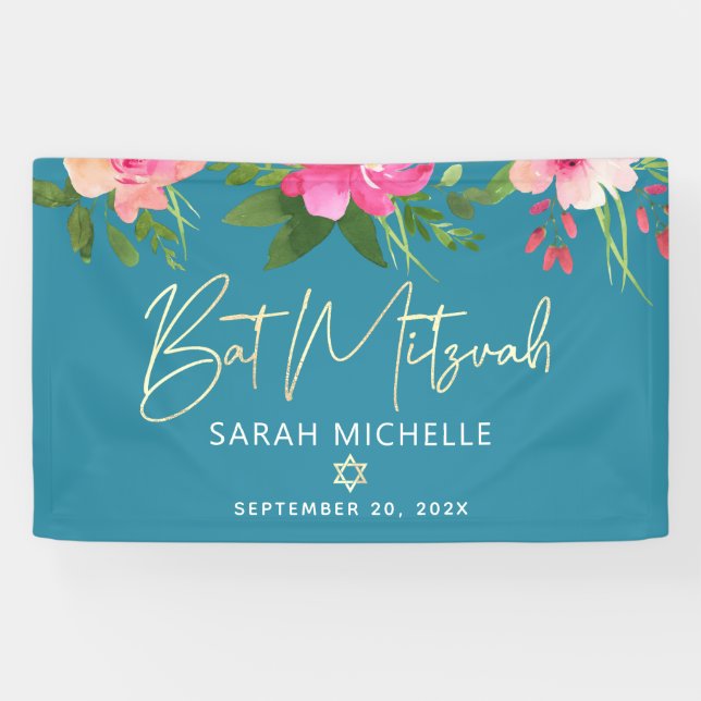 Türkis Bat Mitzvah Pink Floral Gold Skript Bold Banner (Horizontal)