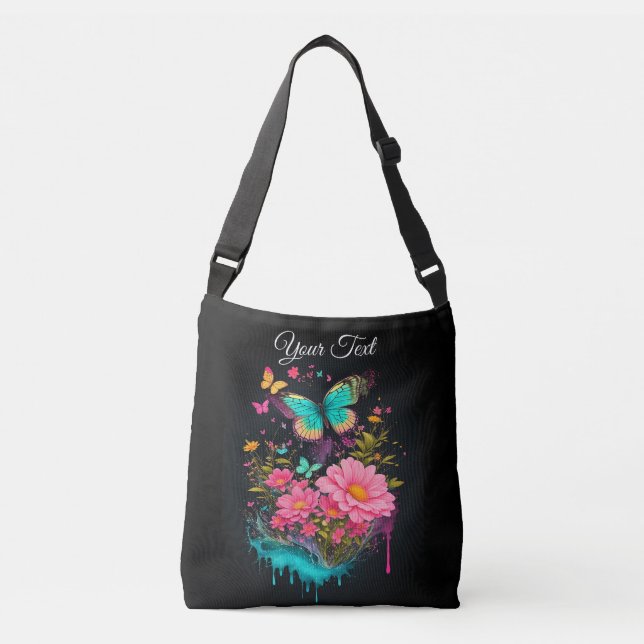 Türkis bemalt Schmetterlinge niedliche rosa Blume Tragetaschen Mit Langen Trägern (Vorderseite)