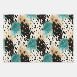 Türkis Black Cream Gold Western Cowgirl Cowhide Geschenkpapier Set