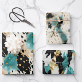 Türkis Black Cream Gold Western Cowgirl Cowhide Geschenkpapier Set