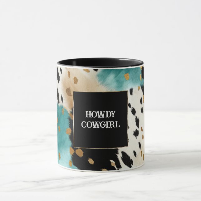 Türkis Black Cream Gold Western Cowgirl Cowhide Tasse (Zentrum)