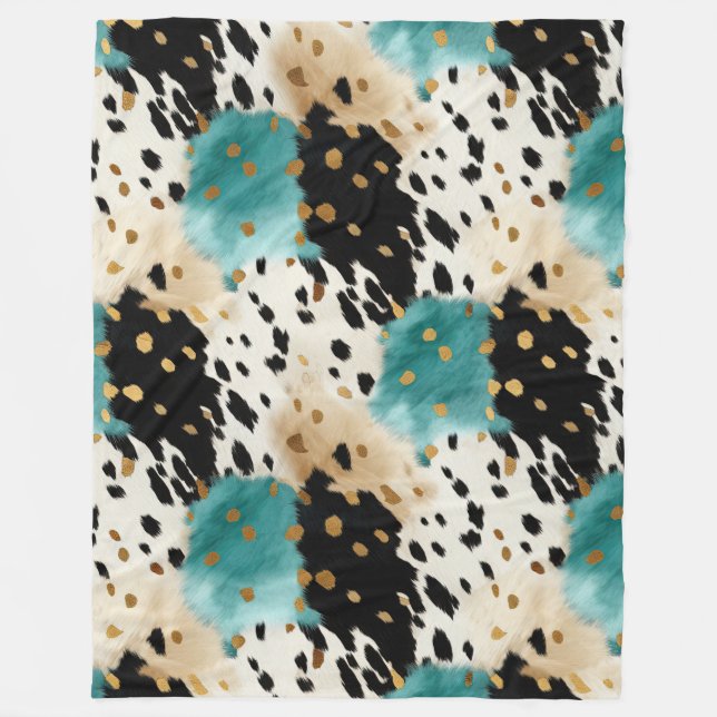 Türkis Black Cream Gold Western Cowhide Fleecedecke (Vorderseite)