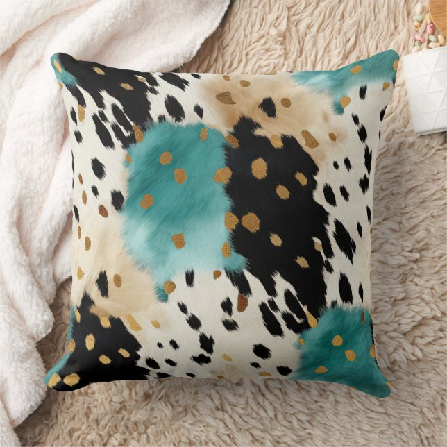 Türkis Black Cream Gold Western Cowhide Kissen (Decke)