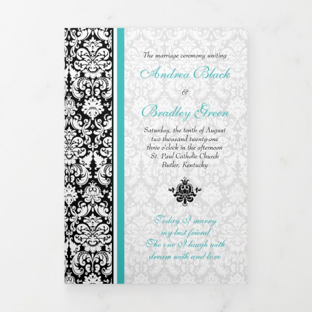 Türkis Black Damask Tri-Fold Hochzeitsprogramm Dreifach-gefaltete Programmkarte (Cover)