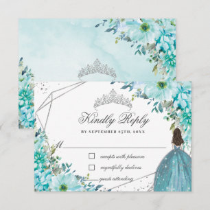Türkis Blau Floral Quinceañera Silver Princess RSVP Karte