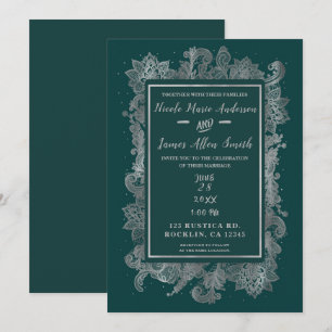 Türkis Blau Grün und Silber Elegante Florale Hochz Einladung