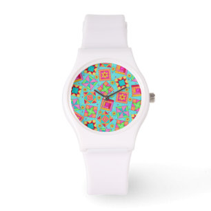 Türkis-Blau-Patchwork-Steppdecken-Kunst-Blöcke Armbanduhr