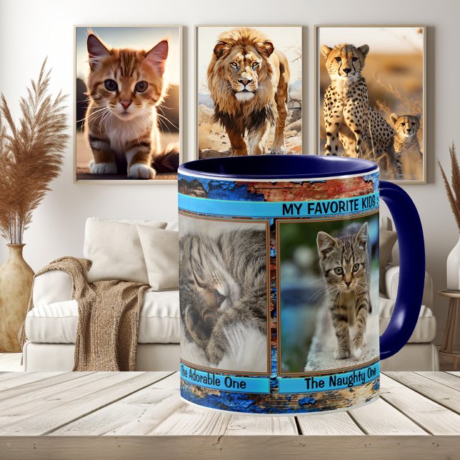 Türkis Blau Personalisiert Funny Cats Foto Tasse (Funny cat photo mug with a grunge artistic turquoise blue framing - kittens optional)