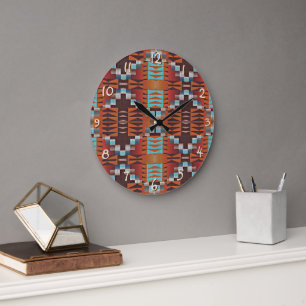 Türkis Blau Rost Orange Rot Braun Tribal Art Große Wanduhr