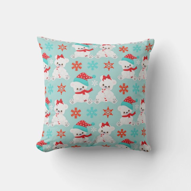 Türkis Blau und Rote Weihnachtsbären Kissen (Vorderseite)