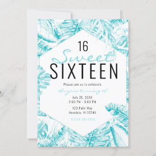 Türkis Blau Weiße Tropische Palmenblätter Sweet 16 Einladung