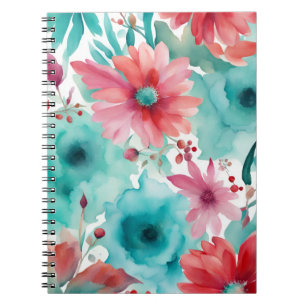 Türkis blaue rote Aquarell-Frühlingsblumen Notizblock