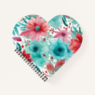 Türkis blaue rote Aquarell-Frühlingsblumen Notizbuch