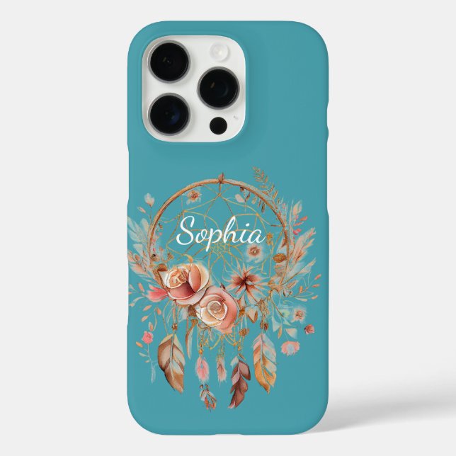 Türkis Blue Boho Blumenstrauß Traumkatze iPhone 16 Pro Hülle (Rückseite)