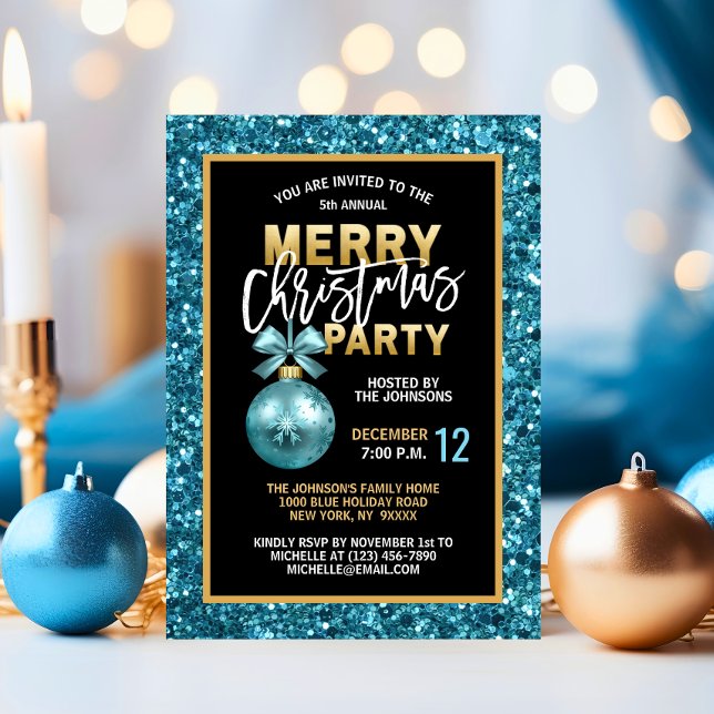 Türkis Blue Christmas PARTY Black Gold Glitzer Einladung (Turquoise Blue Christmas PARTY Black Gold Glitter Invitation)