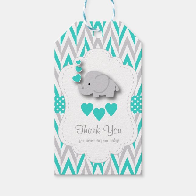 Türkis Blue Elephant Baby Dusche Vielen Dank Geschenkanhänger (Vorderseite)