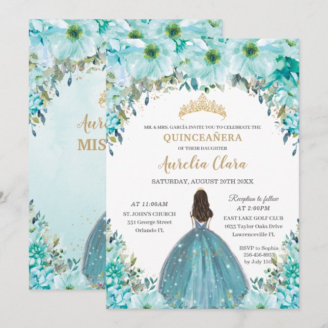 Türkis Blue Floral Princess Crown Quinceañera Einladung (Vorne/Hinten)