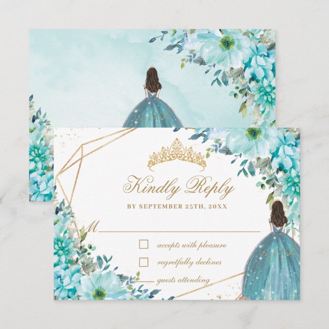 Türkis Blue Floral Quinceñera Gold Princess RSVP Karte (Vorne/Hinten)