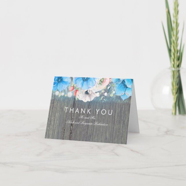 Türkis Blue Floral Rustic Wedding Vielen Dank Dankeskarte (Vorderseite)