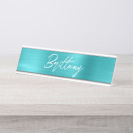 Türkis Blue Foil Modern Pinselschrift Vorname Schreibtischnamensplakette